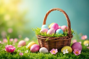 A whimsical Easter basket overflowing with colorful eggs and pastel treats, nestled amongst spring flowers and greenery , basket, pastel, eggs