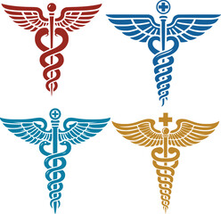 Caduceus Medical Symbol – Black and White Vector Illustration of Winged Staff with Snakes

