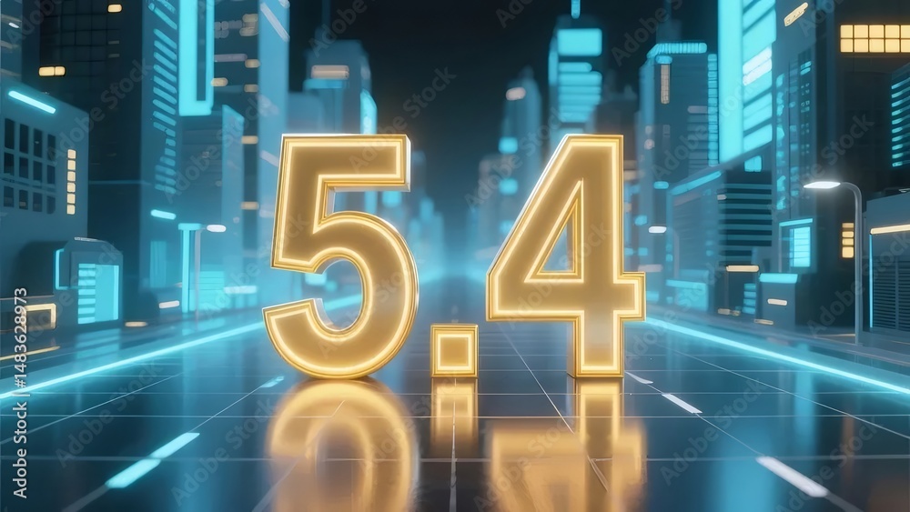 Poster 青いネオンの街の未来的な街並みの抽象的なデジタルアートと金色の数字5と4による夜の反射