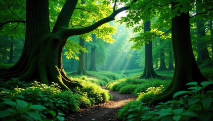 Dense evergreen forest, ancient trees, dappled light, old, natural, wild
