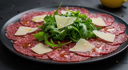 Plate of carpaccio with arugula and cheese on a dark surface.