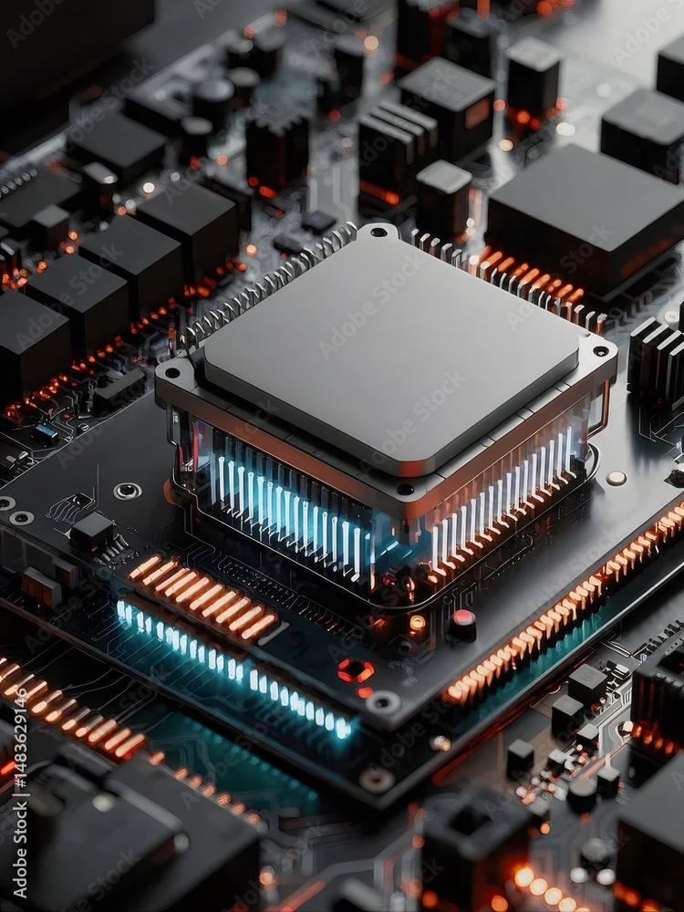 Aufkleber 詳細なクローズアップ半導体マイクロチップ技術と回路基板の複雑なデザインと青とオレンジの照明が組み込まれた未来的なイメージ