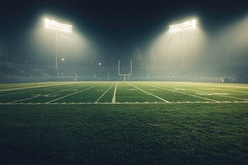 Empty football field at night under stadium lights