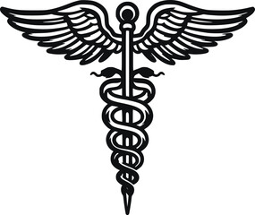 Caduceus Medical Symbol – Black and White Vector Illustration of Winged Staff with Snakes

