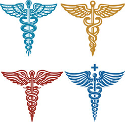 Caduceus Medical Symbol – Black and White Vector Illustration of Winged Staff with Snakes

