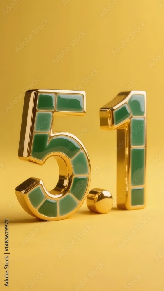 Poster 黄金と緑のセラミックタイルで飾られた数字51の3dレンダリングがお祝いの黄色の背景に映える