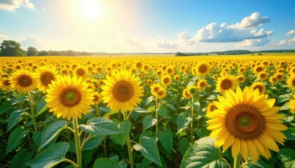 Fototapeta premium Vast field of sunflowers blooming under a bright summer sky , farm, summer, growth
