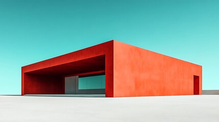 Modern Red Building with Turquoise Sky, Minimalist Architectural Design, Urban