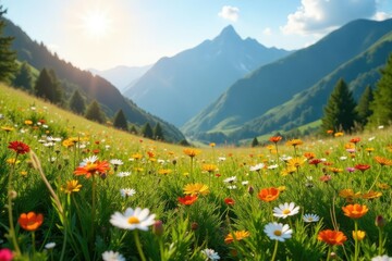 Sun-drenched mountain meadow wildflowers in bloom Vibrant colors, lush green grass , ecology, environment