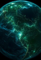 Distant Planet Illuminated In A Vibrant, Ethereal Glow. Intricate River Networks Flow Like Veins Across The Surface, Creating Stunning Patterns In Shades Of Green And Blue. A Beautiful View.