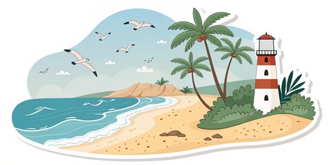 Obraz premium Tropical Beach Lighthouse Illustration, Palm Trees, Ocean, Seascape, Sticker Design. Beach, Lighthouse