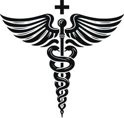 Caduceus Medical Symbol – Black and White Vector Illustration of Winged Staff with Snakes

