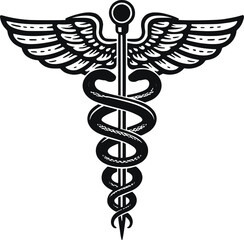 Caduceus Medical Symbol – Black and White Vector Illustration of Winged Staff with Snakes

