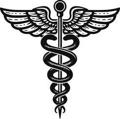 Caduceus Medical Symbol – Black and White Vector Illustration of Winged Staff with Snakes

