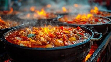 Spicy stew bubbling in cast iron pots