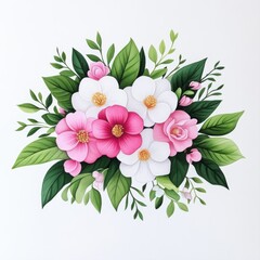Vibrant Floral Arrangement with Pink and White Flowers and Green Leaves