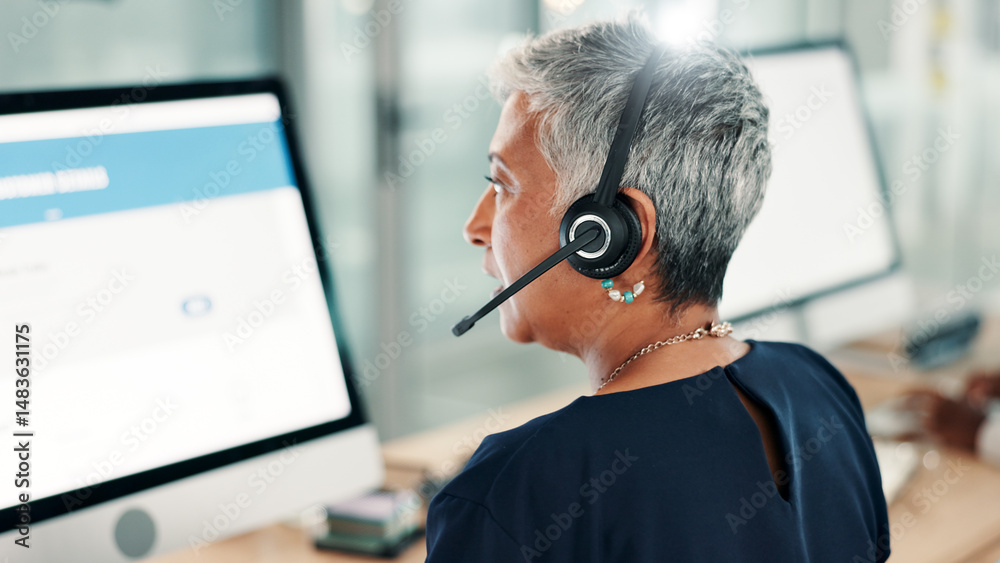 Leinwandbilder computer screen, woman and back of call center consultant in office for online consultation with crm