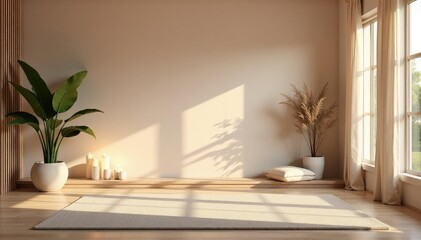 Serene meditation room interior with soft lighting and calming decor , ambient lighting, relaxation