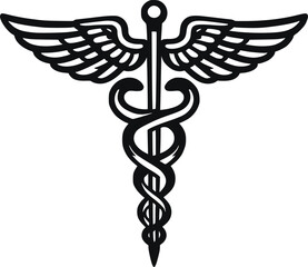 Caduceus Medical Symbol – Black and White Vector Illustration of Winged Staff with Snakes

