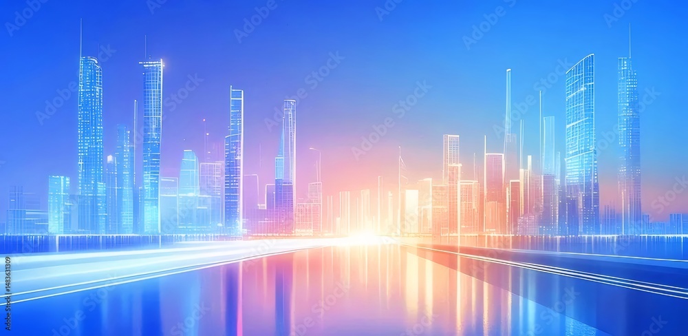 Aufkleber 青とオレンジ色のライトが輝く未来的な都市景観と反射が水面に映る様子を示すパノラマビュー