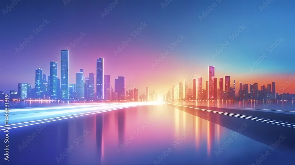 Aufkleber ピンクと青の空の下のウォーターフロントの都市スカイラインの反射夜景と未来的な高層ビル