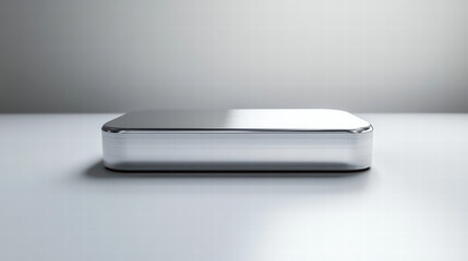 Minimalist Metallic Display: A sleek, metallic object positioned center stage, it&rsquo;s design exudes understated elegance with a focus on geometric simplicity, enhanced by soft lighting.