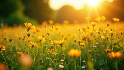 Obraz premium Golden sunlight bathes a vibrant summer field, wildflowers in bloom , petals, environment