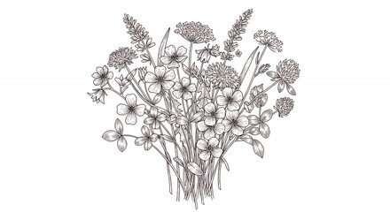 Detailed monochrome flower bouquet illustration