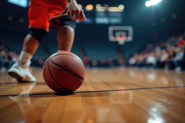 Close-up basketball on court, game in progress, vintage, lights