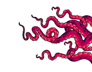 Purple octopus tentacles reaching upwards, squid-like marine animal body parts protruding from out of frame, cut for food or frame design, cartoon colour sketch anime monster illustration.  © Very Well Studio