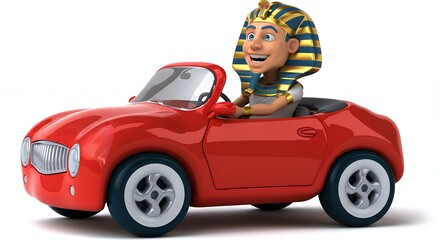 Egyptian cartoon character driving vintage red convertible