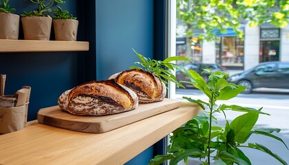 Freshly baked artisan loaves on wooden counter