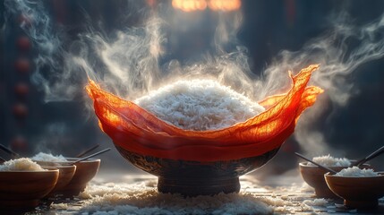 A steaming, artful display of cooked rice.