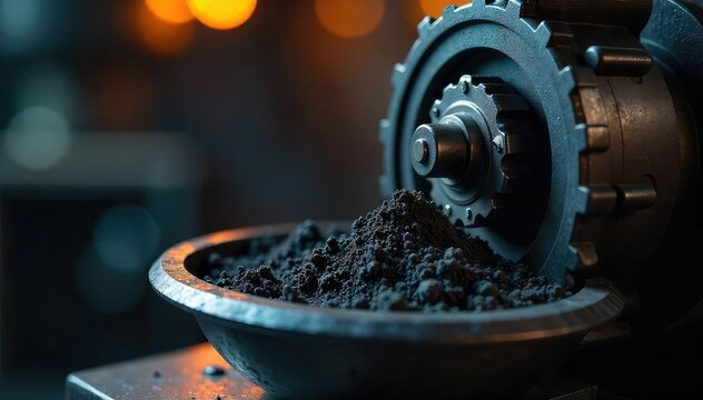 Close-up of carbon mill grinding mechanism, showcasing intricate gears and pulverized carbon , design, grinding