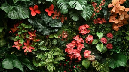 Naklejka premium Lush Tropical Floral Wall, Vibrant Green and Red Flowers, Exotic Plant Background