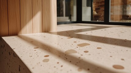 A wooden wall meets a concrete floor with a pattern of small brown spots.