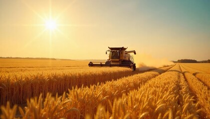 Fototapeta premium Massive combine harvester harvesting a golden wheat field under a bright sun , technology, sunny day