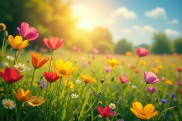 Vibrant wildflowers bloom in a sun-drenched meadow , green, pollen, spring