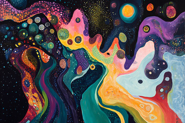 Abstract painting depicting a colorful cosmos with swirling shapes and celestial orbs in vibrant hues