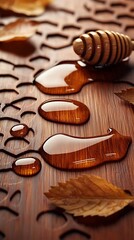Honey drips on carved wood with autumn leaves
