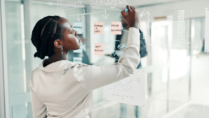 Black woman, writing or brainstorming with glass board for schedule planning at office. Female...