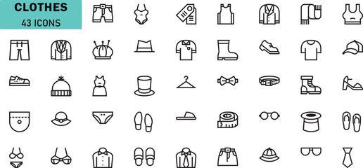 Clothing Icons Set – 43 Line Style Vector Symbols for Fashion, Apparel, and Accessories Design