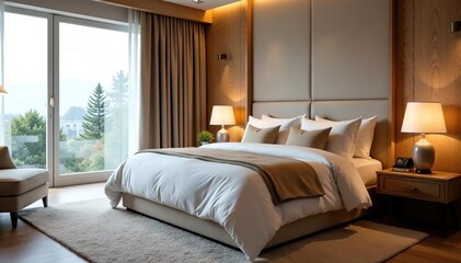 Luxurious king-size bed, plush bedding, soft lighting, design, room