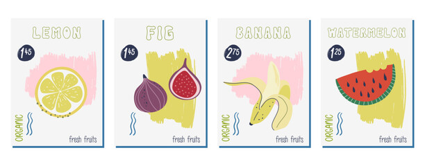 Lemon, fig, banana, watermelon. Vintage fruits posters. Cute cards, posters, price tags. Hand drawn flat design vector illustration.