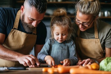 Obraz premium Family prepares food together, father and mother help young child cutting carrots on kitchen counter with knife, learning activity