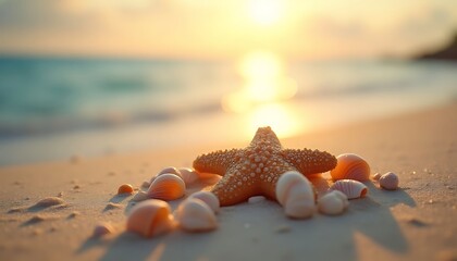 Sunset Serenity Starfish and Seashells on a Tropical Beach