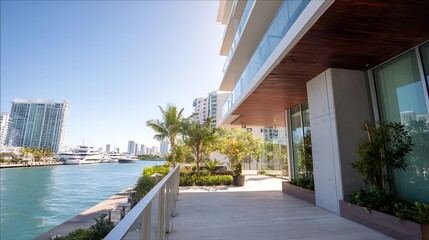Waterfront property with a balcony captured in natural daylight, showing modern architecture, detailed textures, and clean surroundings.