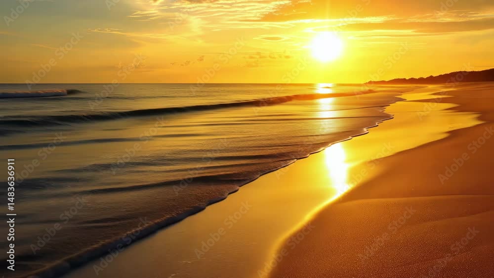 Poster relaxing sunset over the ocean with gentle waves lapping against the golden shore at a tranquil beac