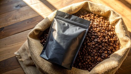 Blank Coffee Bag on Coffee Bean Sack Mockup