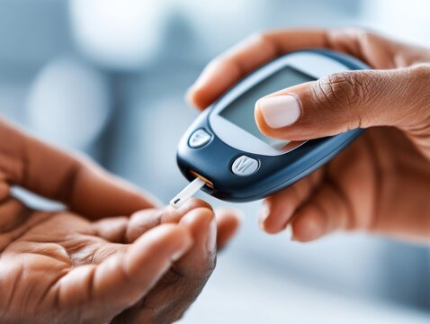 African woman checks blood sugar with glucose meter, pricking finger to monitor diabetes, healthcare management, and wellness.